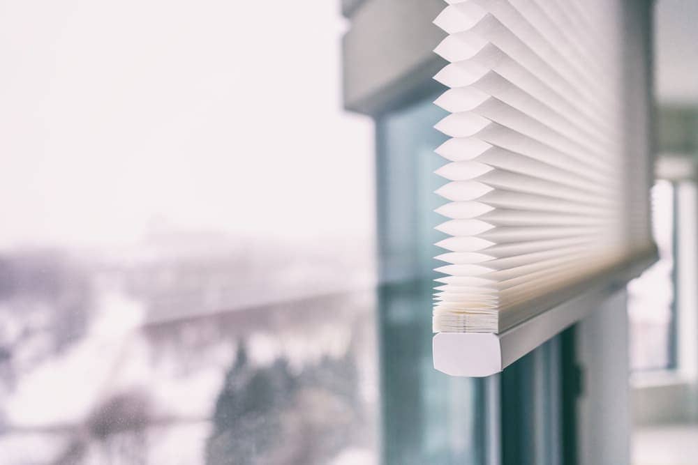 blinds in focus with a background blur of the outside world